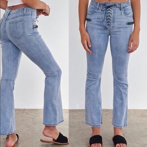 - High Waisted Denim Lace Up Bell  Bottom Je…